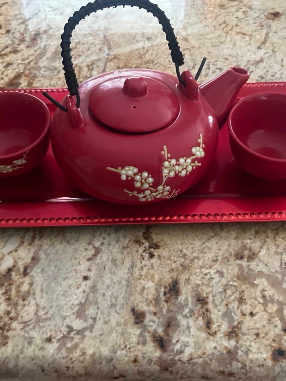 Rare Antique Red Teapot and Cups Set